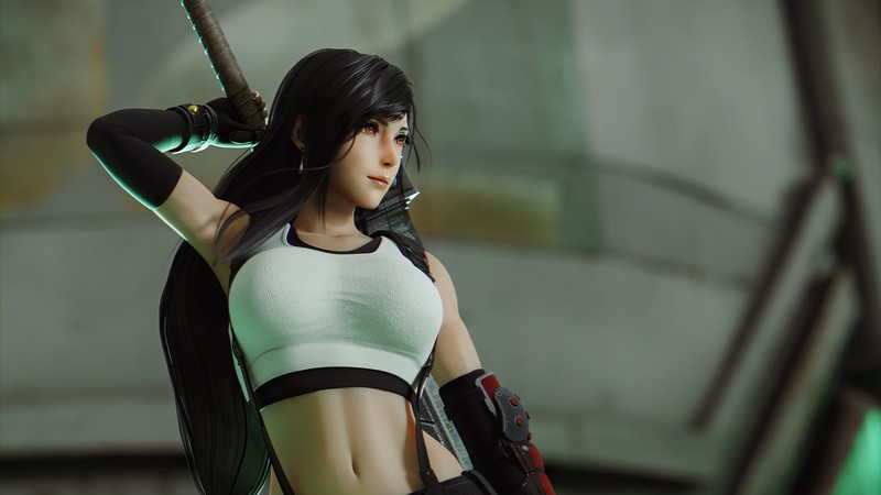 Крупный план женщины с мечом в здании (тифа локхарт, tifa lockhart, final fantasy 7 remake, ff7, видеоигра)