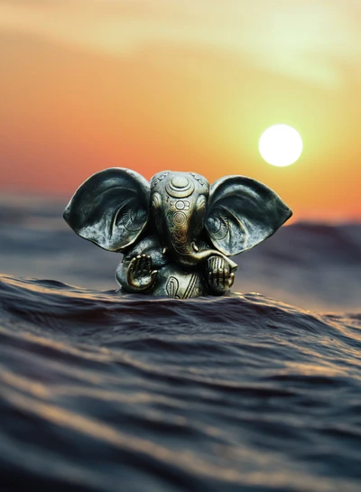 Bronzeskulptur von Ganesha, die aus den Wellen bei Sonnenuntergang aufsteigt