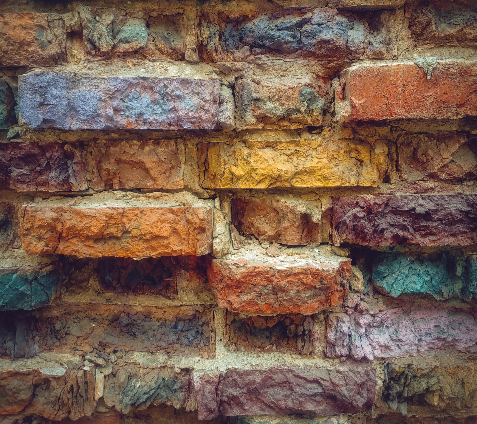 A close up of a brick wall with a colorful pattern (brick, color)