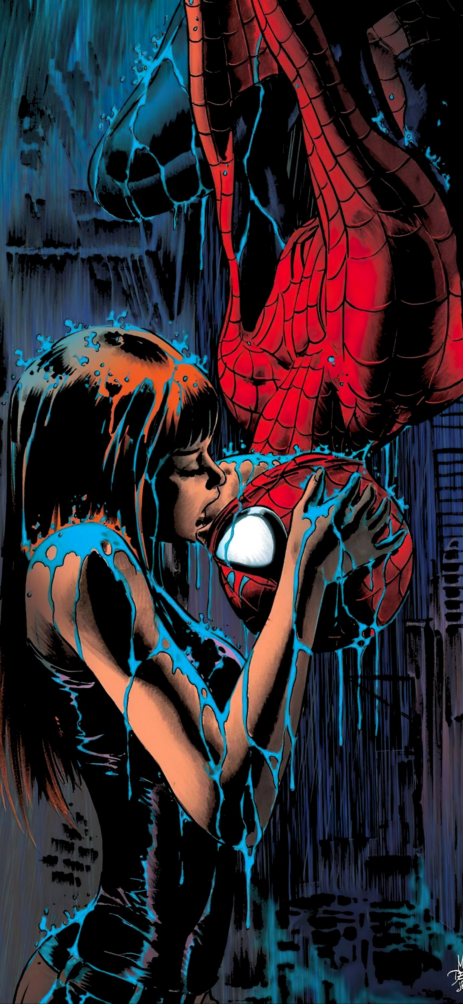 Spider-man et une femme sous la pluie avec spider-man en arrière-plan (mary jane watson, spider man, harry osborn, gwen stacy, marvel comics)