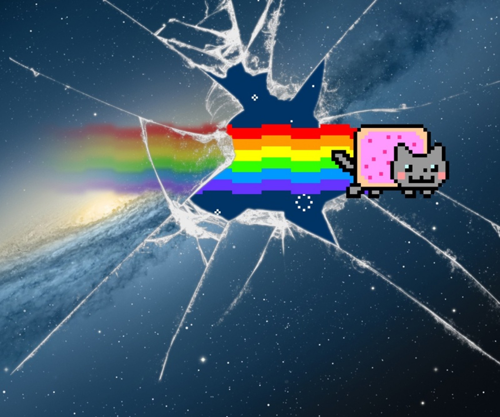 Eine nahaufnahme von zerbrochenem glas mit einem regenbogen und einer katze (niedlich, kätzchen, nyan, nyan cat, regenbogen)