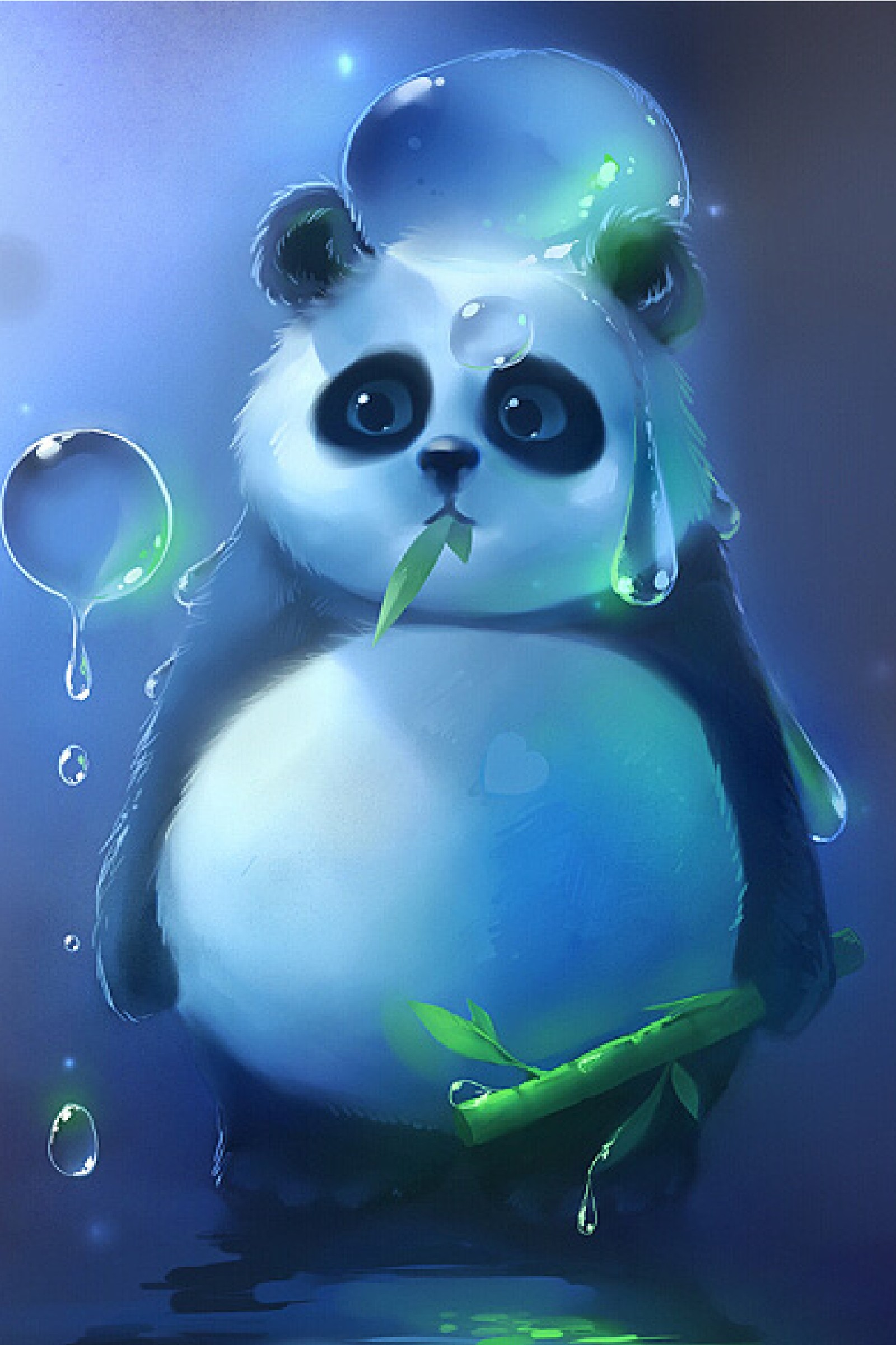 Painting of a panda bear with a bamboo in its mouth (animal, bubble, cute, furry, happy)