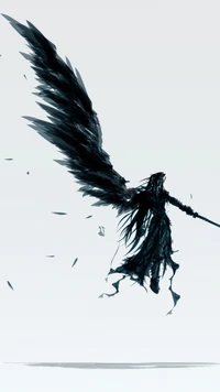 Dark figure with large wings wielding a sword, embodying an ethereal and powerful presence.