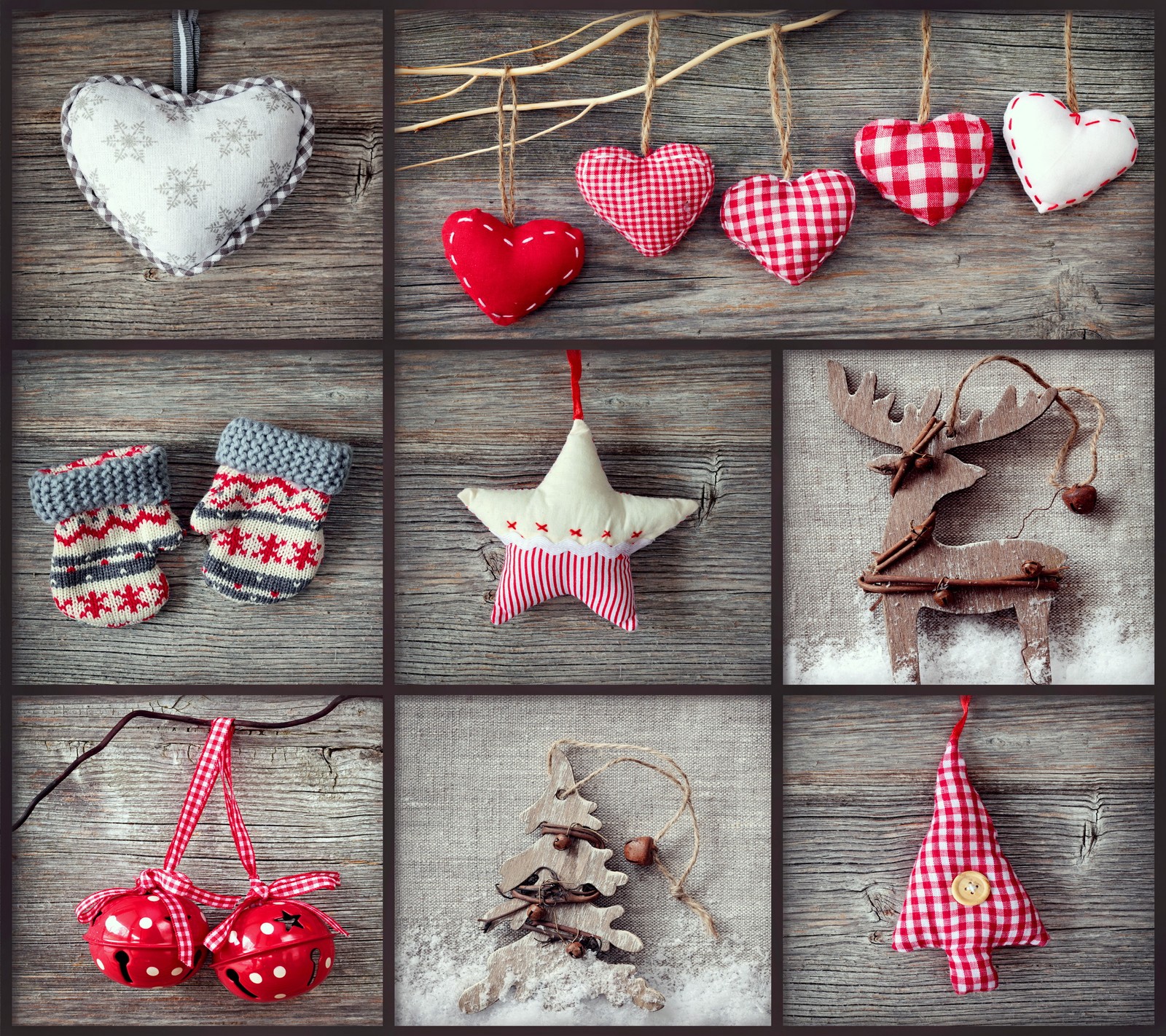 A close up of a collage of different ornaments on a wooden surface (christmas, decoration, merry, winter, wood)