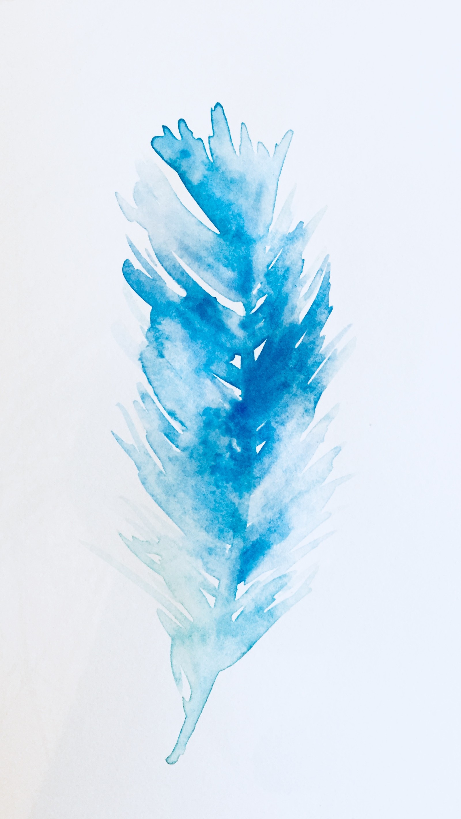 Il y a une plume bleue sur un fond blanc avec un fond bleu (bleu, plume, peinture, doux, aquarelle)