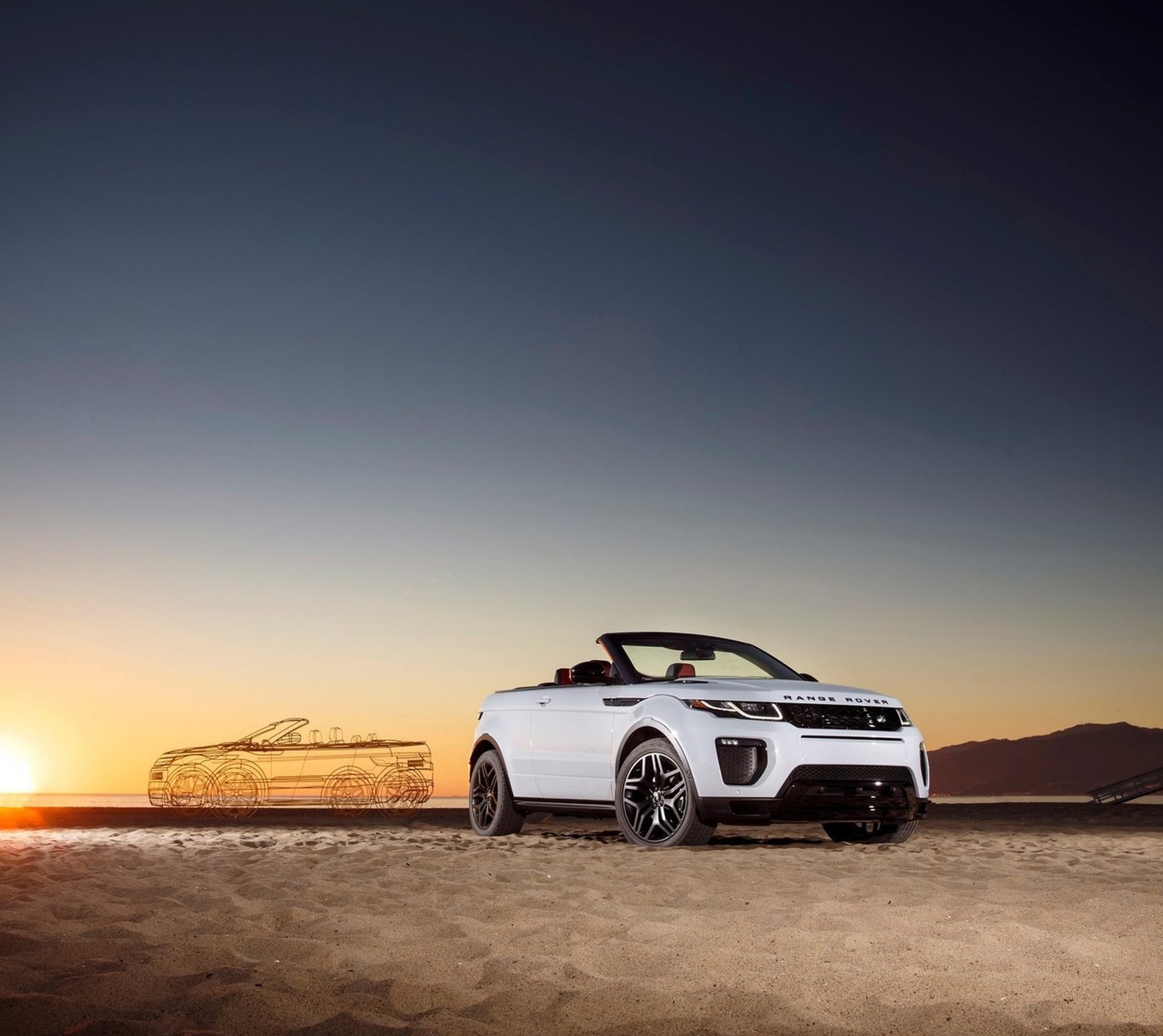 A white range rover convertible parked in the desert at sunset (car, design, range rover)