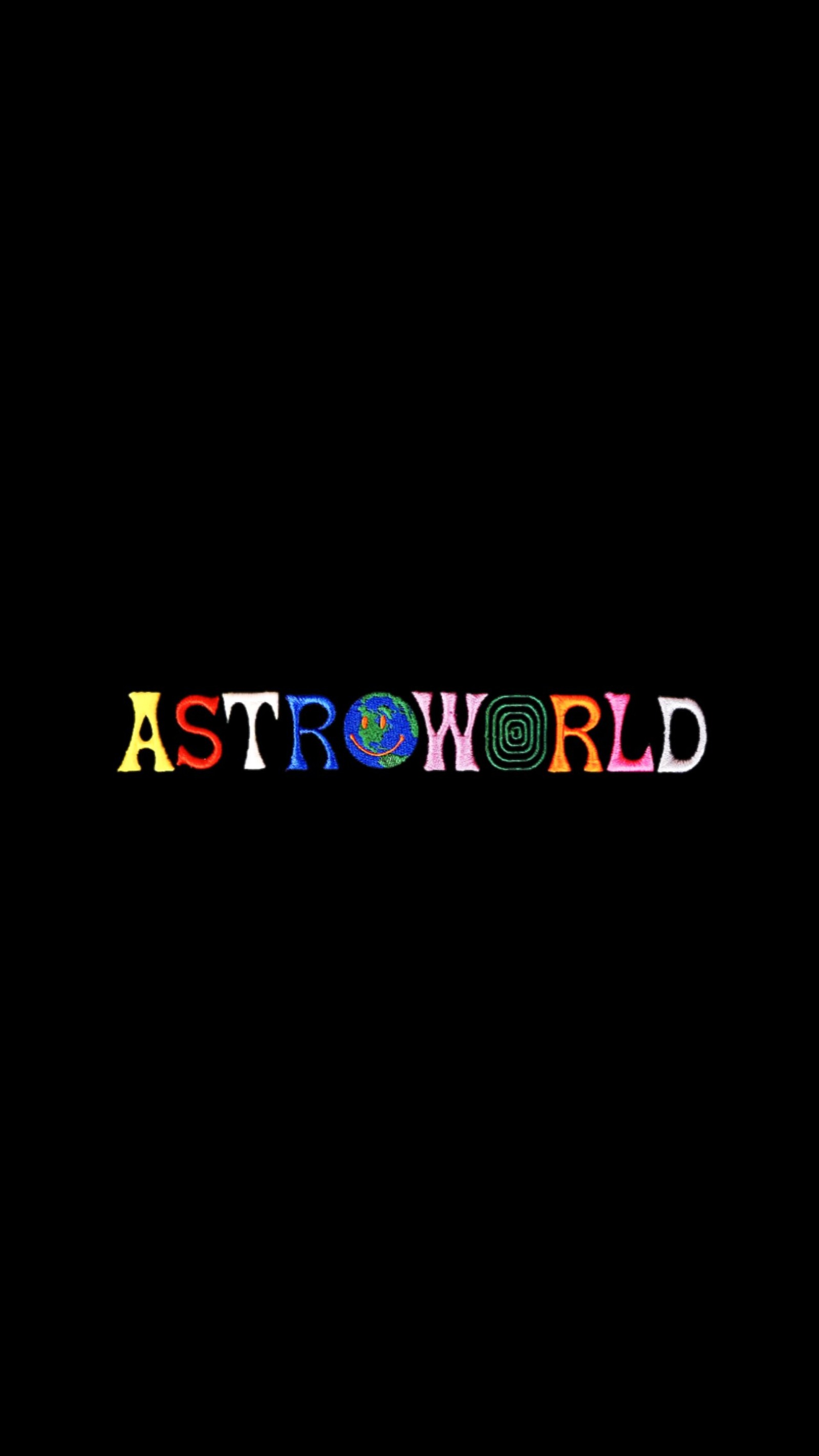 Un gros plan d'un fond noir avec le mot astroworld en lettres multicolores (travis scott, astroworld)