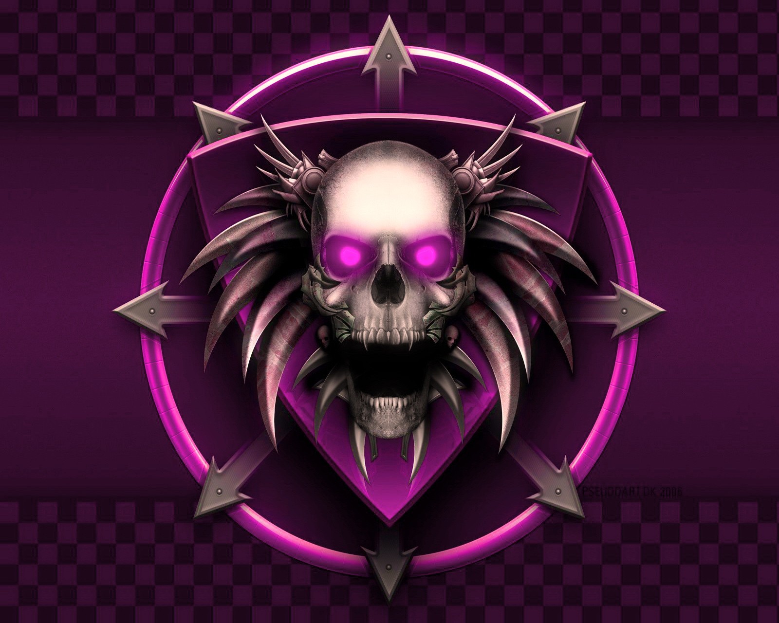 A purple skull with spikes and a crown on it (abstract, purple skull)