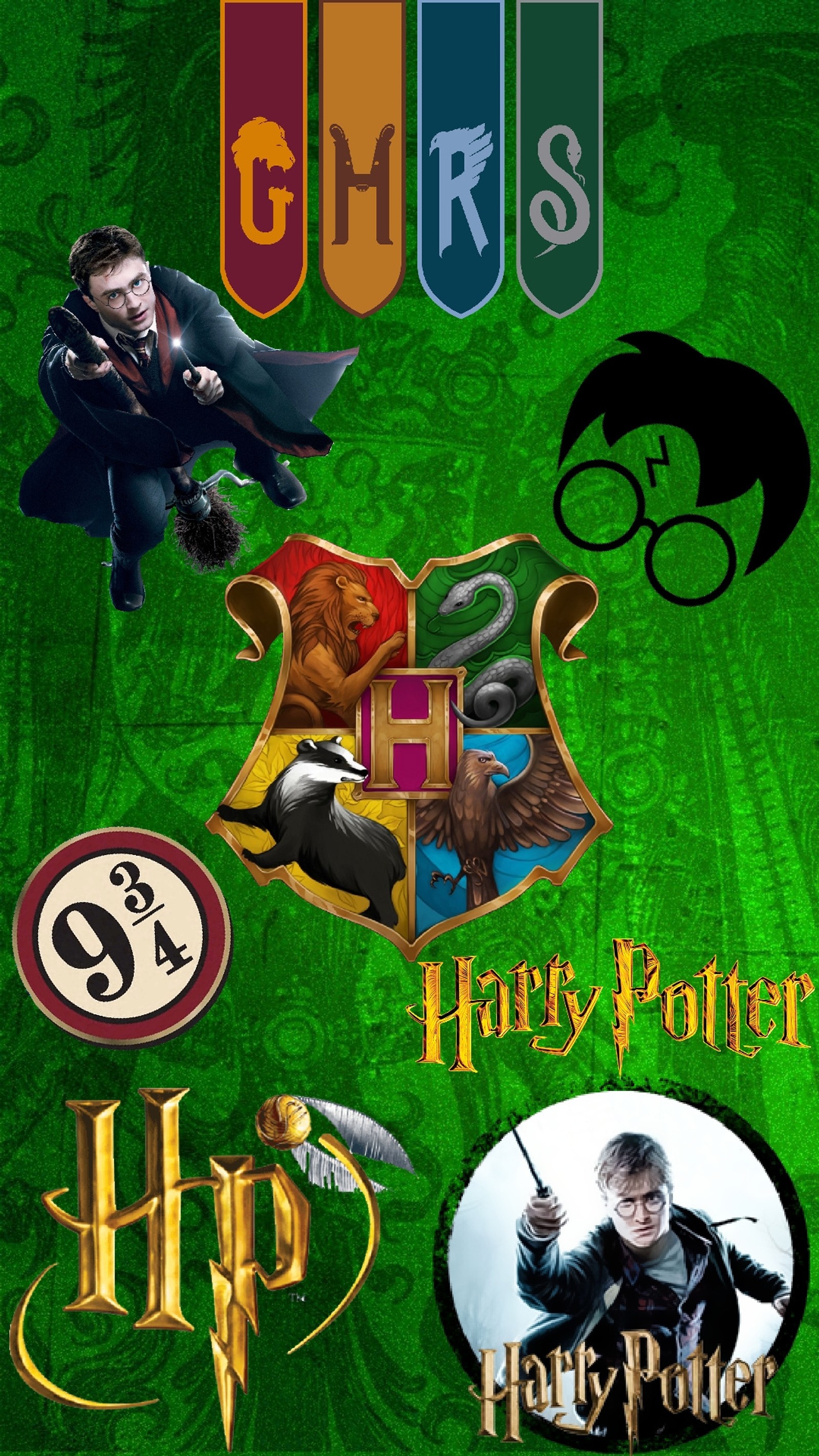 Un primer plano de un cartel con diferentes hogwarts (harry, hogwarts, magia, alfarero)