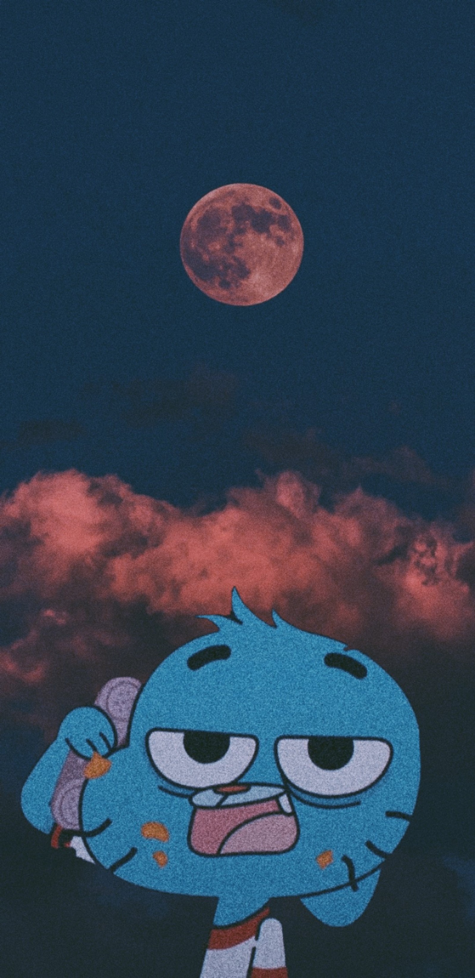 Un primer plano de un personaje de dibujos animados con una luna llena de fondo (aire, globo, coche, ciudad, gumball)