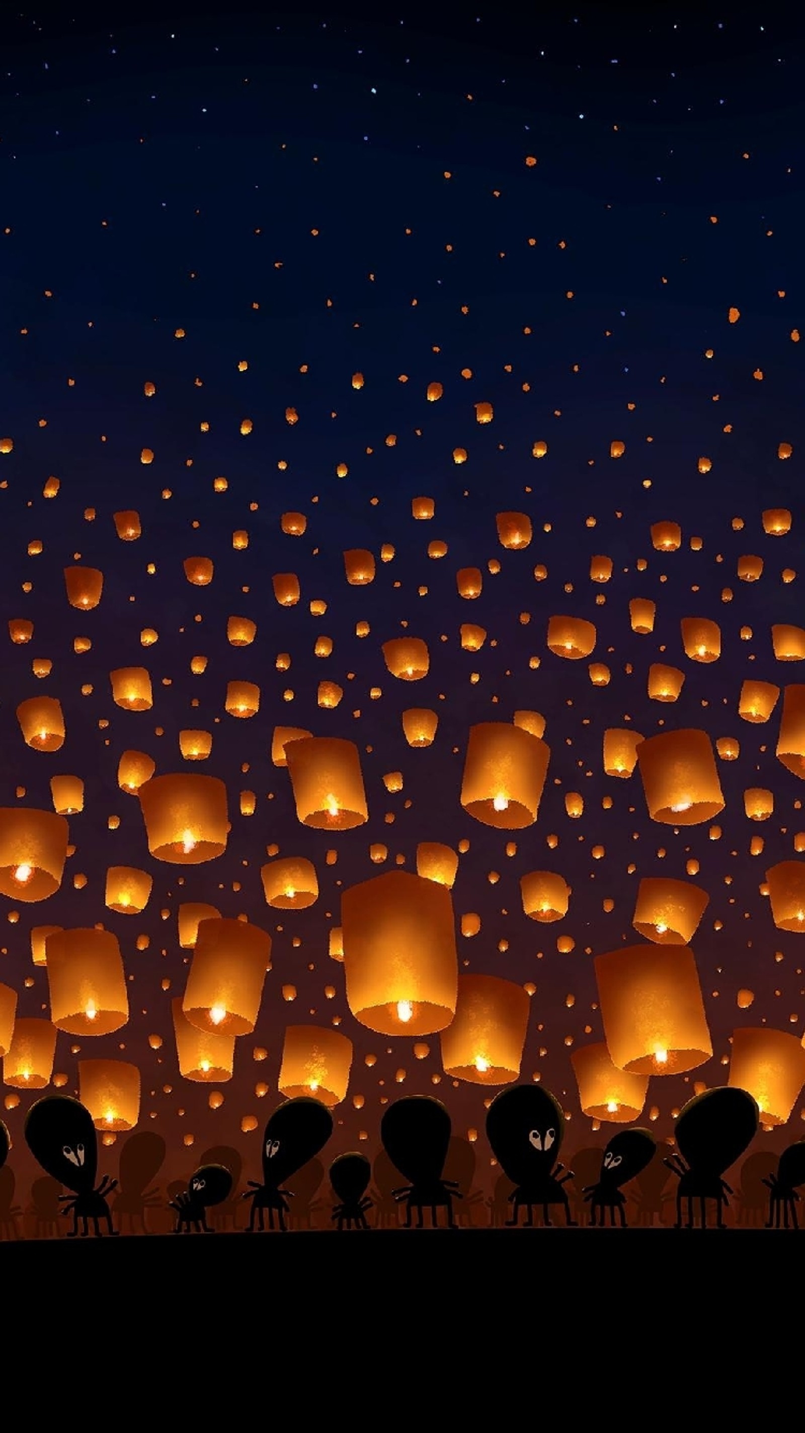 There are many lanterns flying in the sky at night (alien, fire, lanterns, lights, sky)