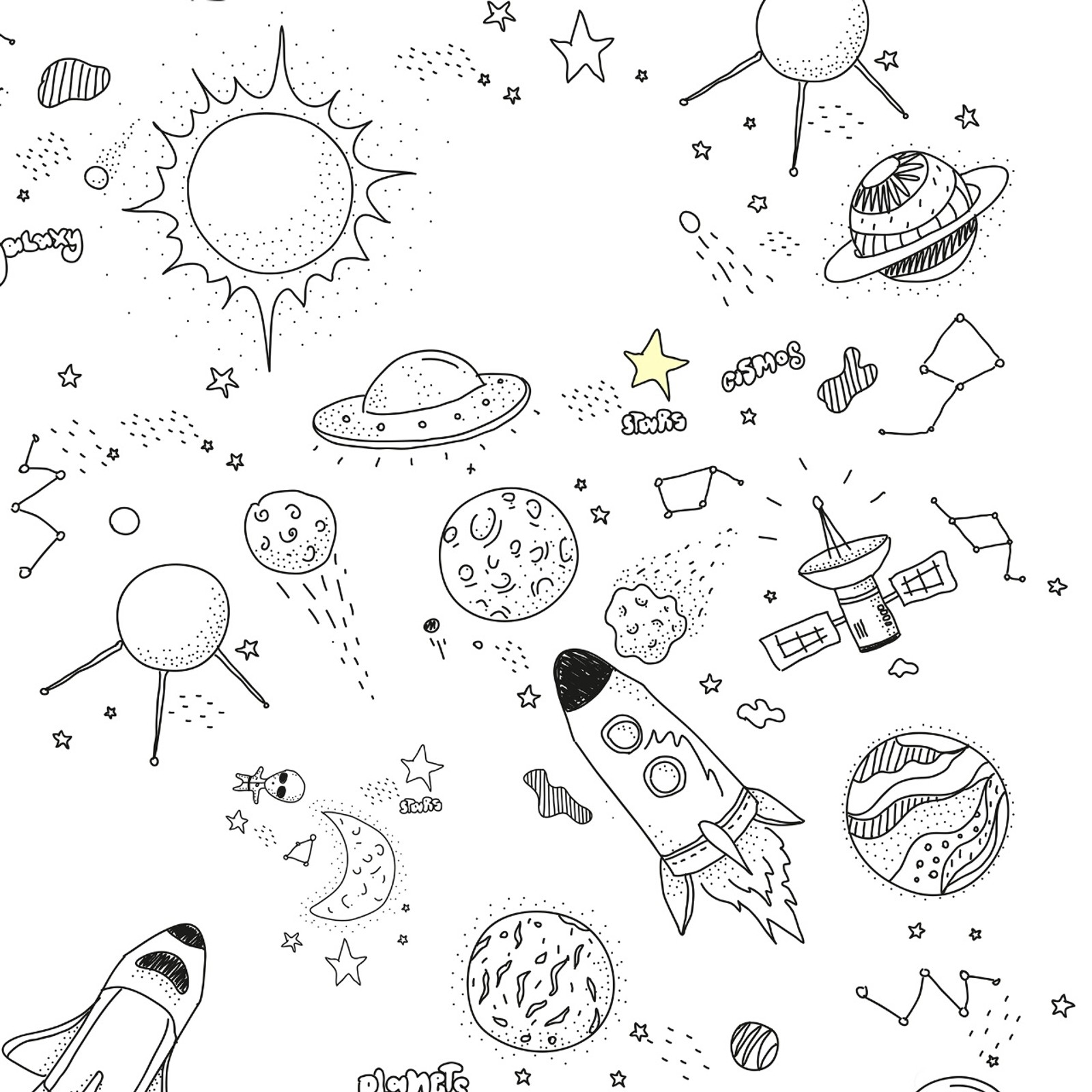 A drawing of a space theme with rockets, planets, and stars (space, wallpaper)