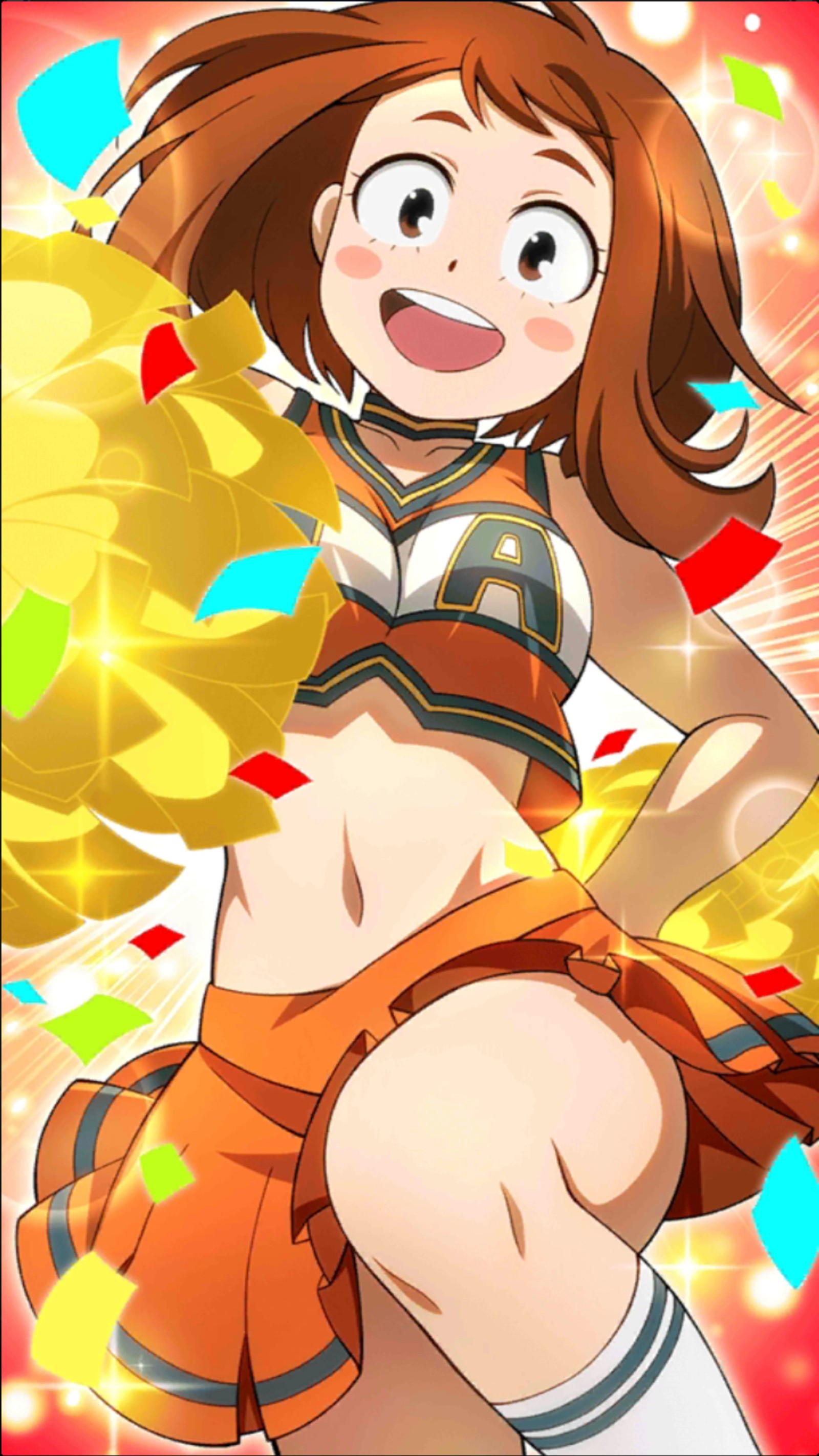 A close up of a cartoon girl in a cheerleader outfit (anime, hero, ochaco uraraka)