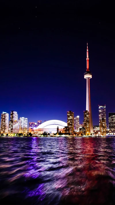 Toronto City Skyline at Night with CN Tower and Rogers Centre