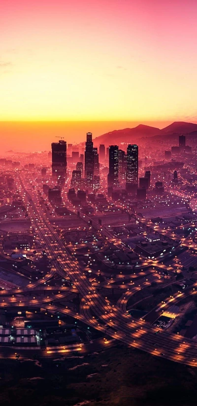 Impresionante atardecer sobre el centro de Los Santos en GTA V