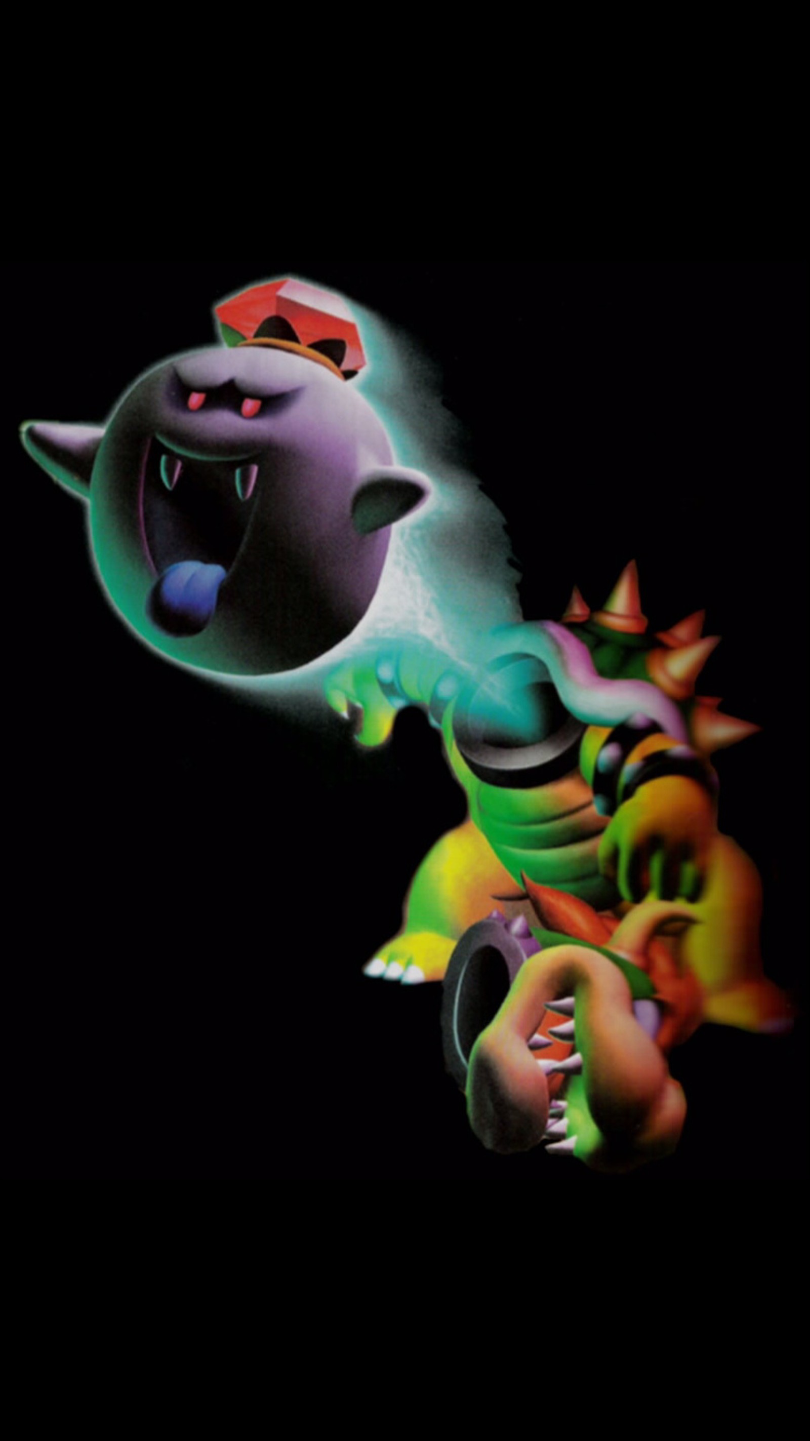 There is a cartoon character that is flying through the air (boo, king, luigi, mansion, mario)