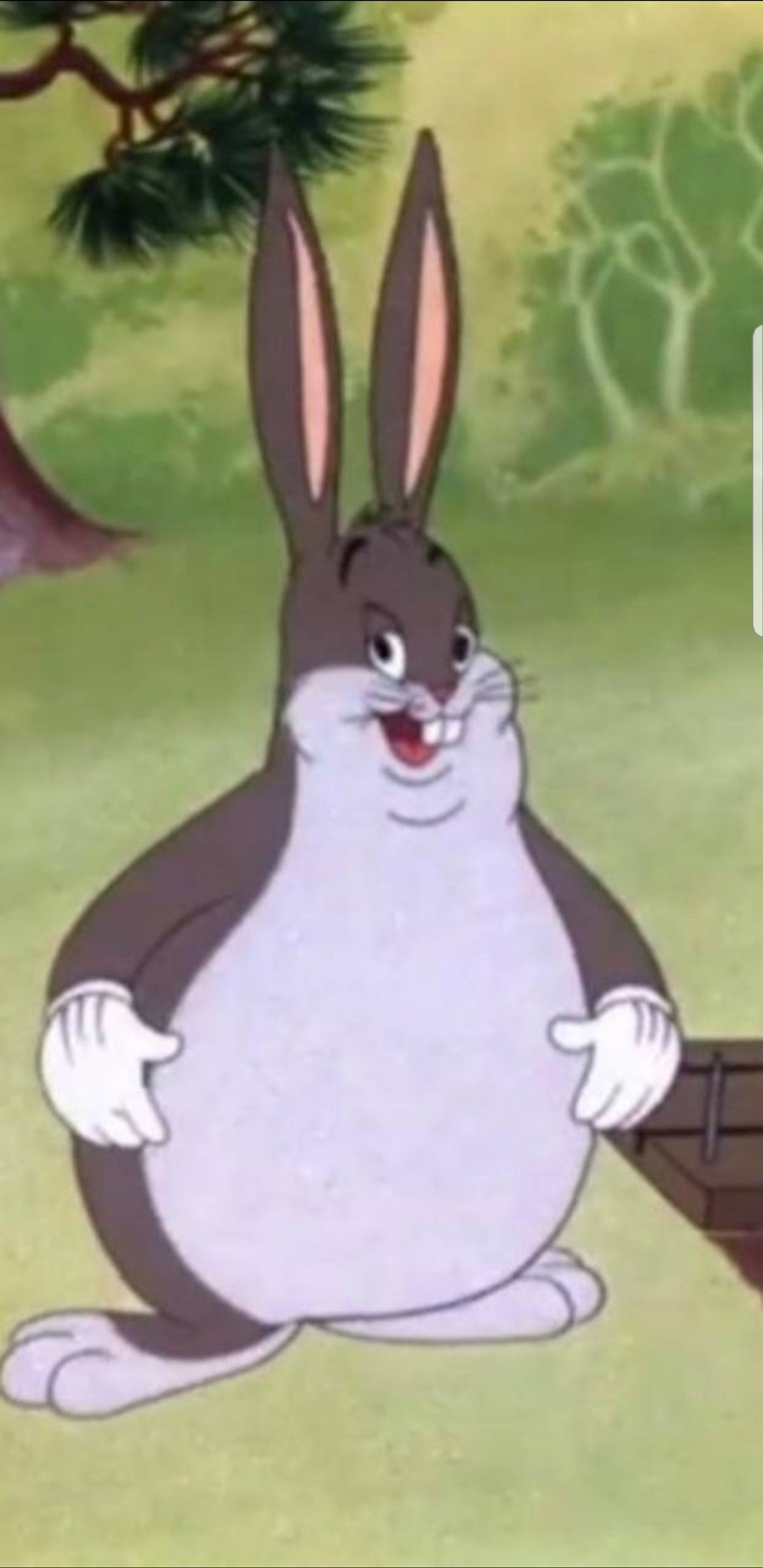 Мультфильм о кролике, стоящем на скамейке в парке (биг чанкус, big chungus, багз банни, bugs bunny)