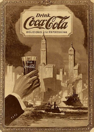 Anúncio vintage da Coca-Cola com um brinde à paisagem urbana