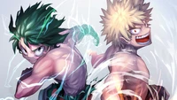 Izuku Midoriya and Katsuki Bakugo in a dynamic, electrifying pose, showcasing their fierce rivalry and determination in a dramatic anime style.