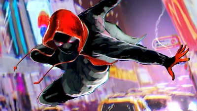 Miles Morales en un salto dinámico a través de un vibrante paisaje urbano, encarnando el espíritu de Spider-Man de "Spider-Verse".