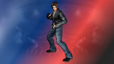 Kyo Kusanagi en una pose dinámica de The King of Fighters XV contra un fondo vibrante.