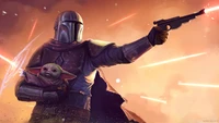 Mandalorian Heroism: A Blaster-Wielding Protector with Baby Yoda Amidst Explosive Conflict