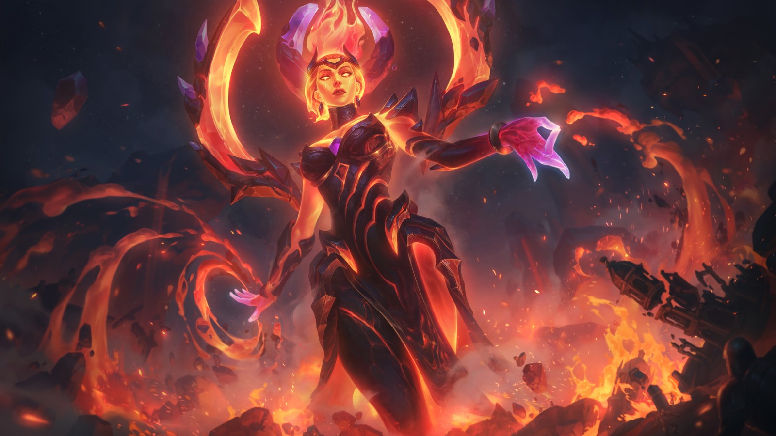 Une femme en costume de pompier tenant une épée et entourée de flammes (infernal, karma, peau, league of legends, jeu vidéo)