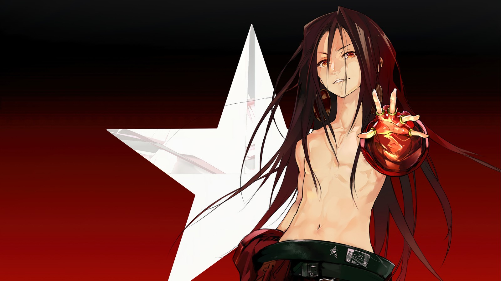 Anime, anime-mädchen, stern, rot, schwarz, haare, rot, stern, rot, (shaman king, anime, hao asakura)