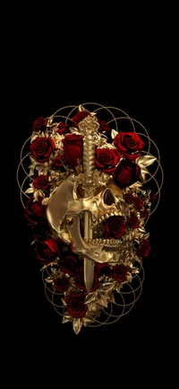 Golden Skull Surrounded by Red Roses and a Sword: A Symbol of Artful Elegance