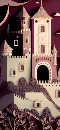 Ilustração de castelo caprichoso em tons suaves de roxo e rosa