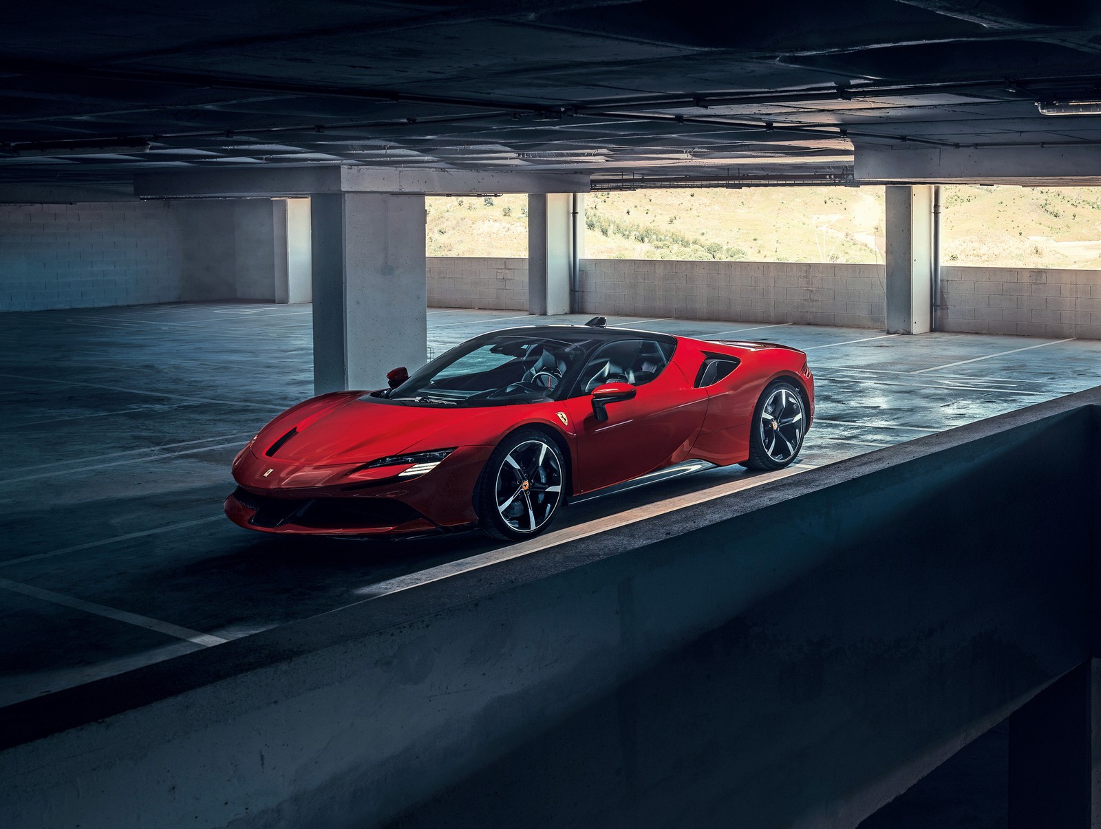 A red sports car parked in a parking garage (ferrari sf90 stradale, plug in hybrid, hybrid electric cars, cars, 4k wallpaper)