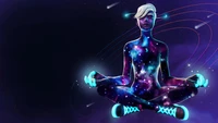 Serenidade Galáctica: Galaxy Scout do Fortnite em pose meditativa