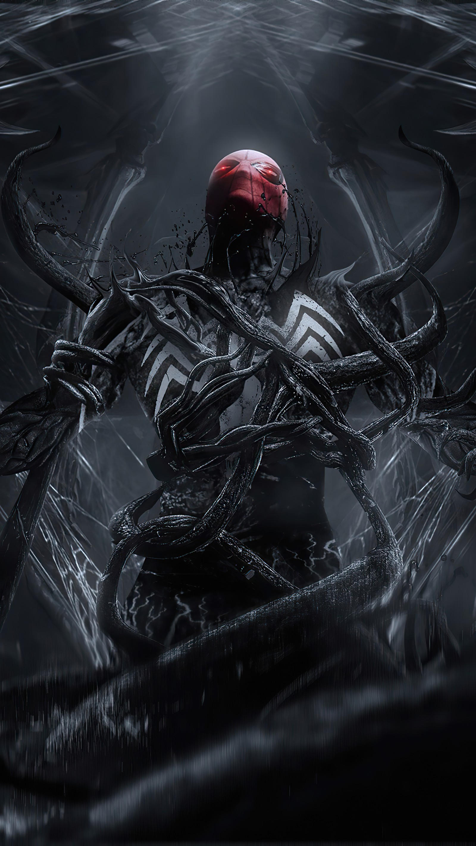 Spider - man with red helmet and horns in a dark room (spider man, venom, drawing, superhero, marvel comics)