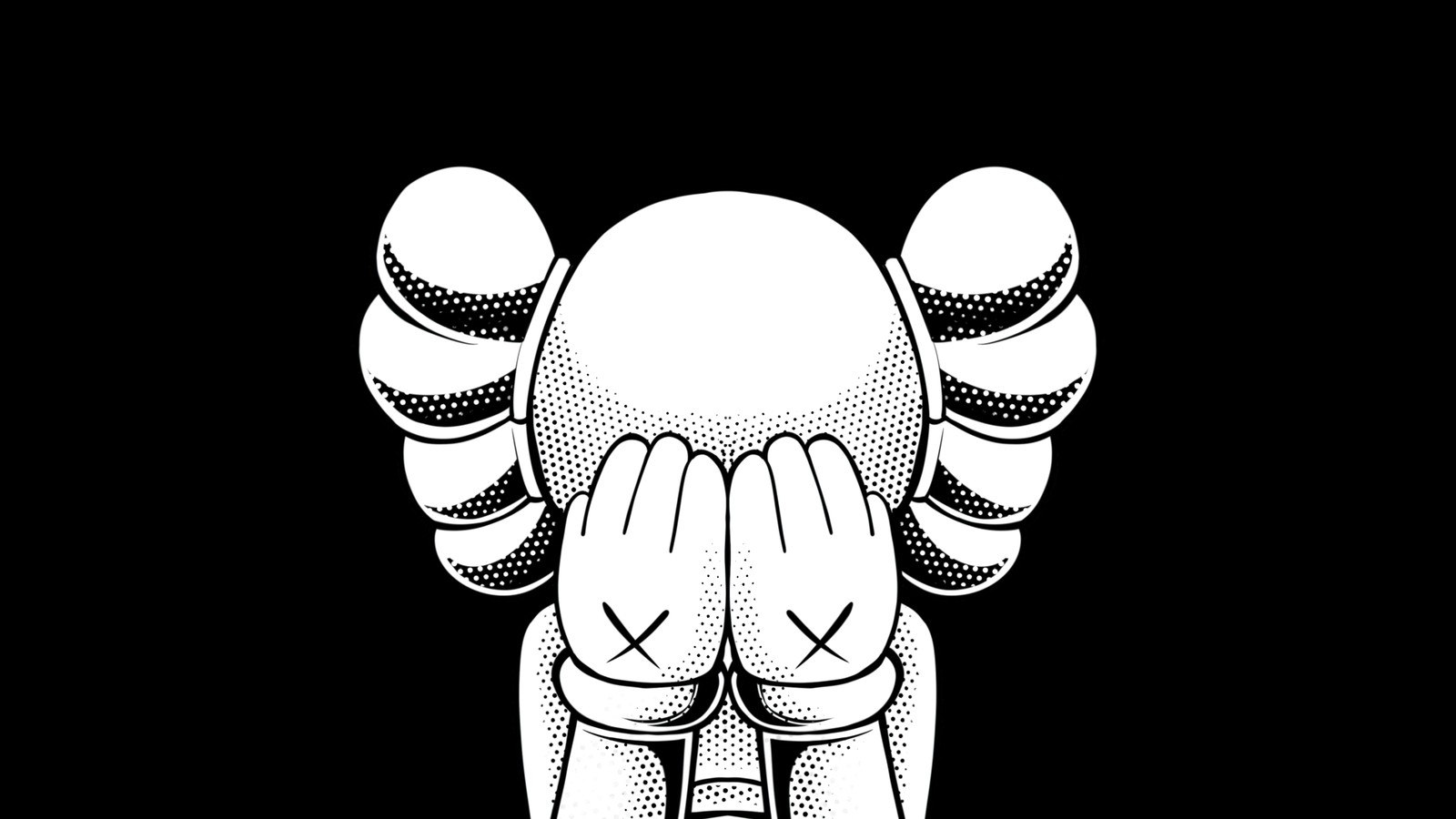 A black and white drawing of a person with their hands on their face (kaws companion, kaws sad, black background, 5k, kaws separated)