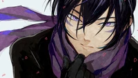 A striking anime character with dark hair and purple accents, wearing a scarf and gloves, exuding a mysterious demeanor.