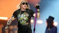 Axl Rose se produisant avec passion sur scène, portant des lunettes de soleil et un t-shirt graphique, incarnant l'énergie d'un événement musical en direct.