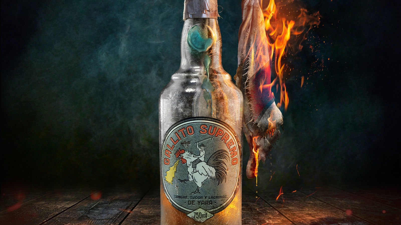 Eine flasche alkohol mit feuer im hintergrund (far cry 6, videospiel, molotow cocktail)