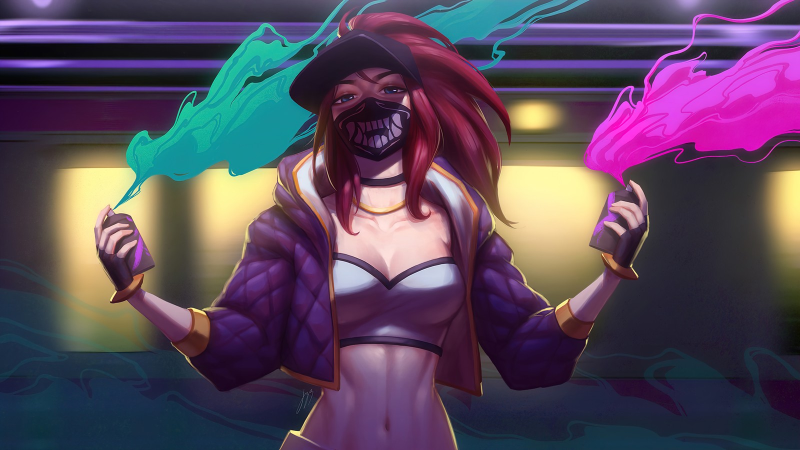 Eine frau in einem lila outfit, die einen pinken und grünen regenschirm hält (akali, kda, league of legends, lol, videospiel)