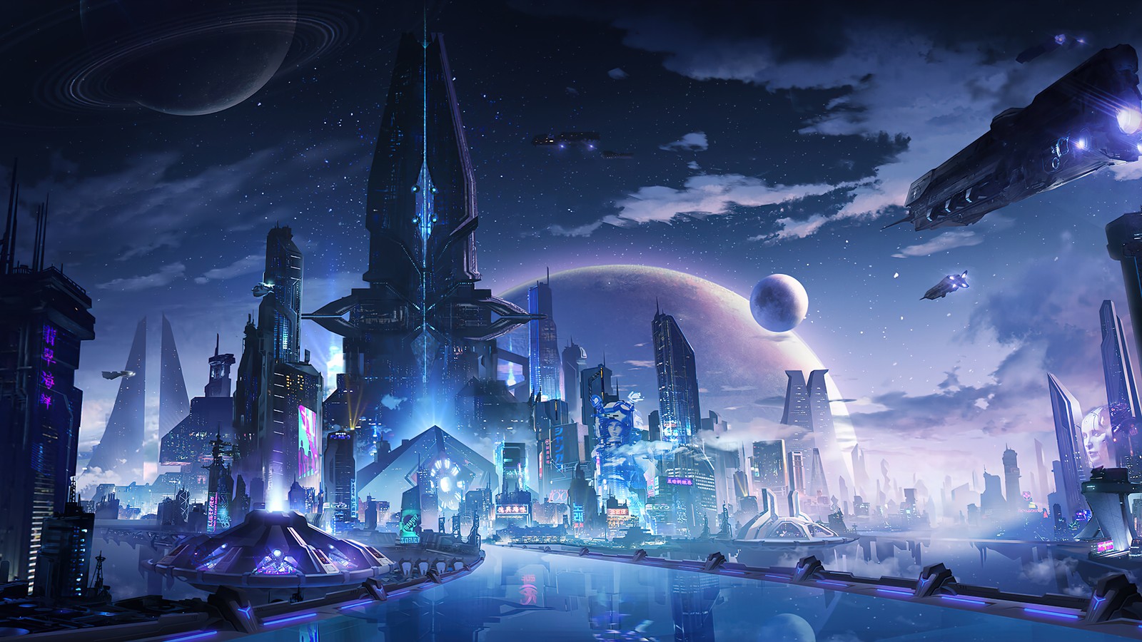 Aussicht auf eine futuristische stadt mit futuristischem himmel und einem fluss (sci fi, stadt, nacht, kunst, digitale kunst)