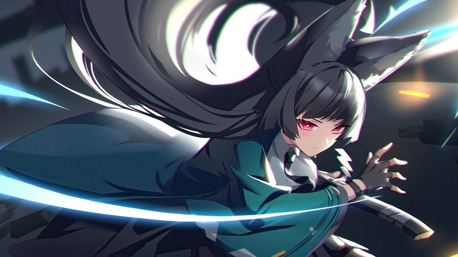 Anime girl with long hair and a sword in a dark room (hoshimi miyabi, zenless zone zero, video game, zzz)