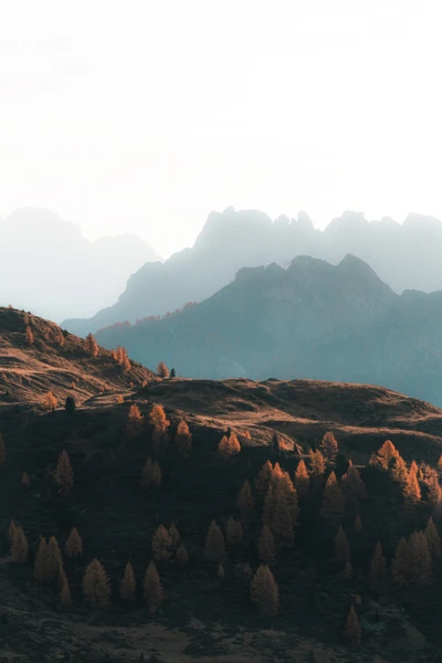 Coucher de soleil d'automne sur les pentes montagneuses avec des sommets brumeux