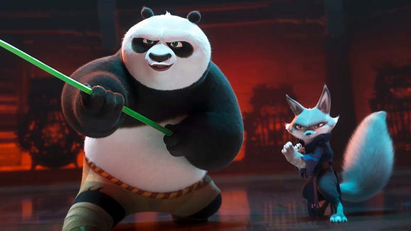 Крупный план панды и лисицы на сцене (кунг фу панда 4, kung fu panda 4, фильм, по, po)