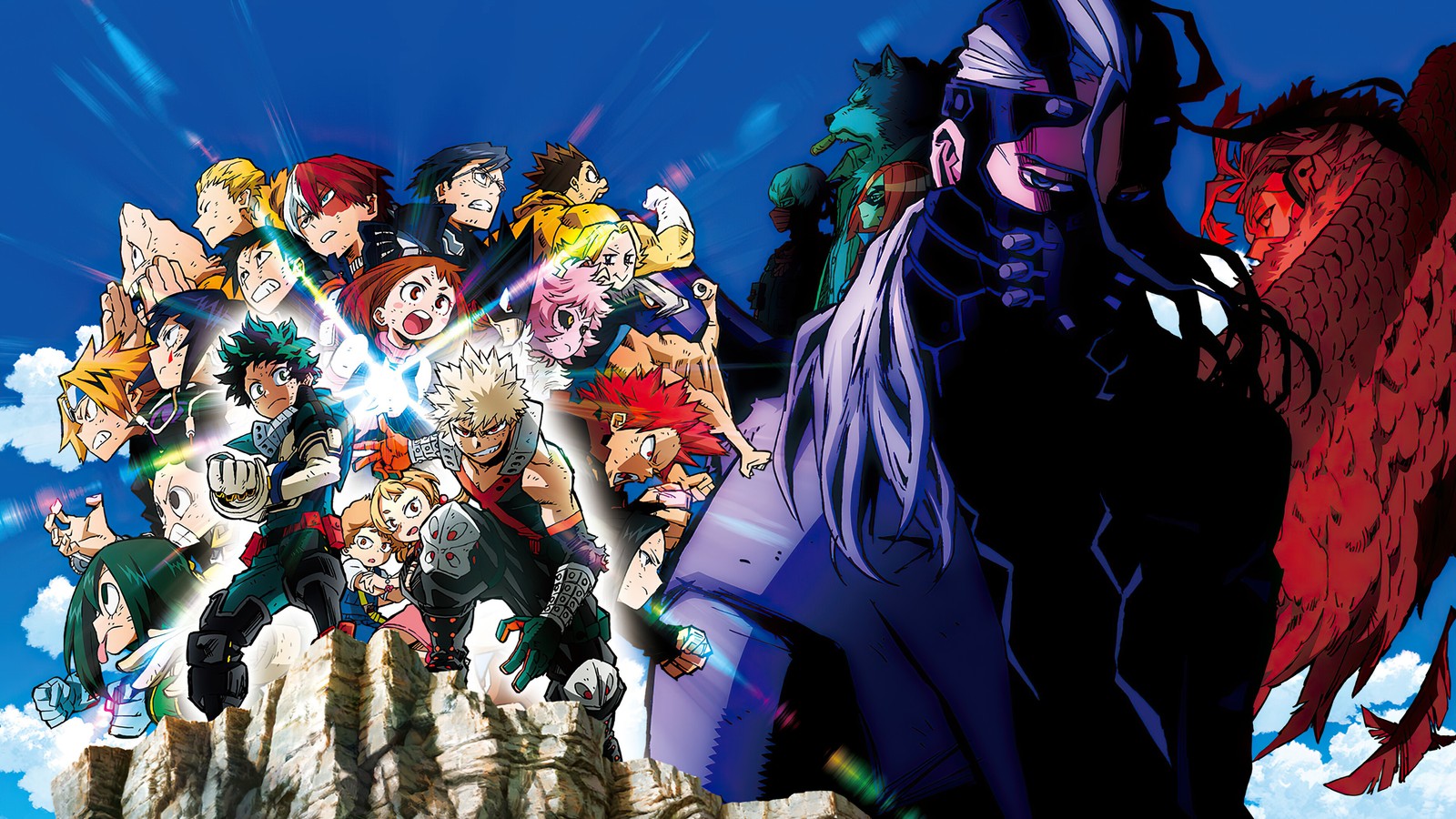 Personnages d'anime se tenant devant un grand groupe de personnes (my hero academia, héros en élever, heroes rising, boku no hero academia, anime)