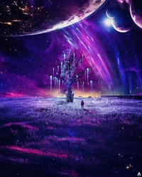 Surreal Mystical Landscape: A Solitary Figure Beneath a Cosmic Tree