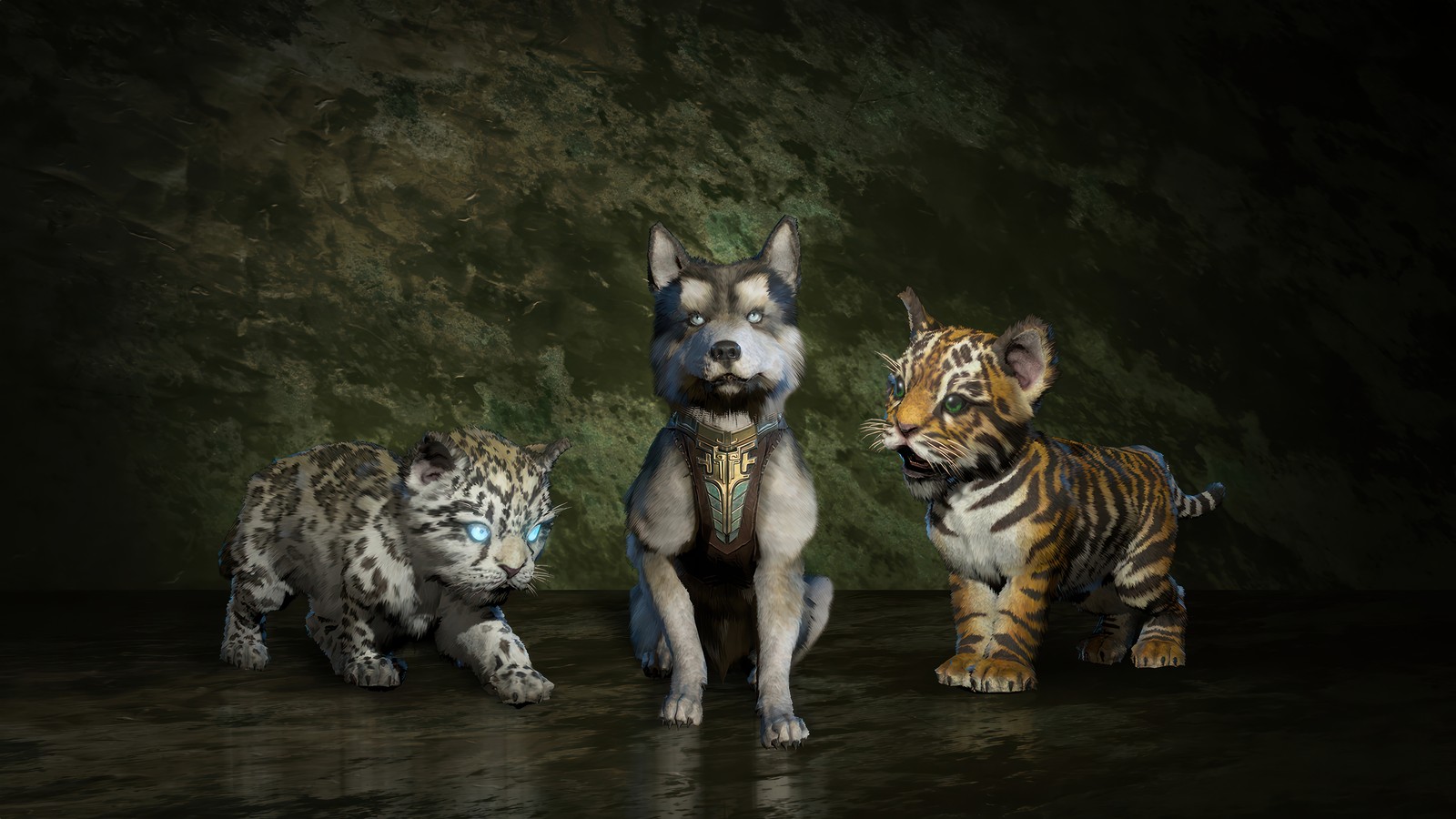 Tres tigres de diferentes colores y un perro están de pie uno al lado del otro (diablo iv, videojuego, diablo 4 vaso de odio, diablo 4 vessel of hatred, mascotas)