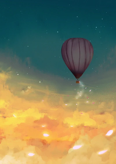 Hot Air Balloon Ascending Through Colorful Clouds Under a Sunlit Sky