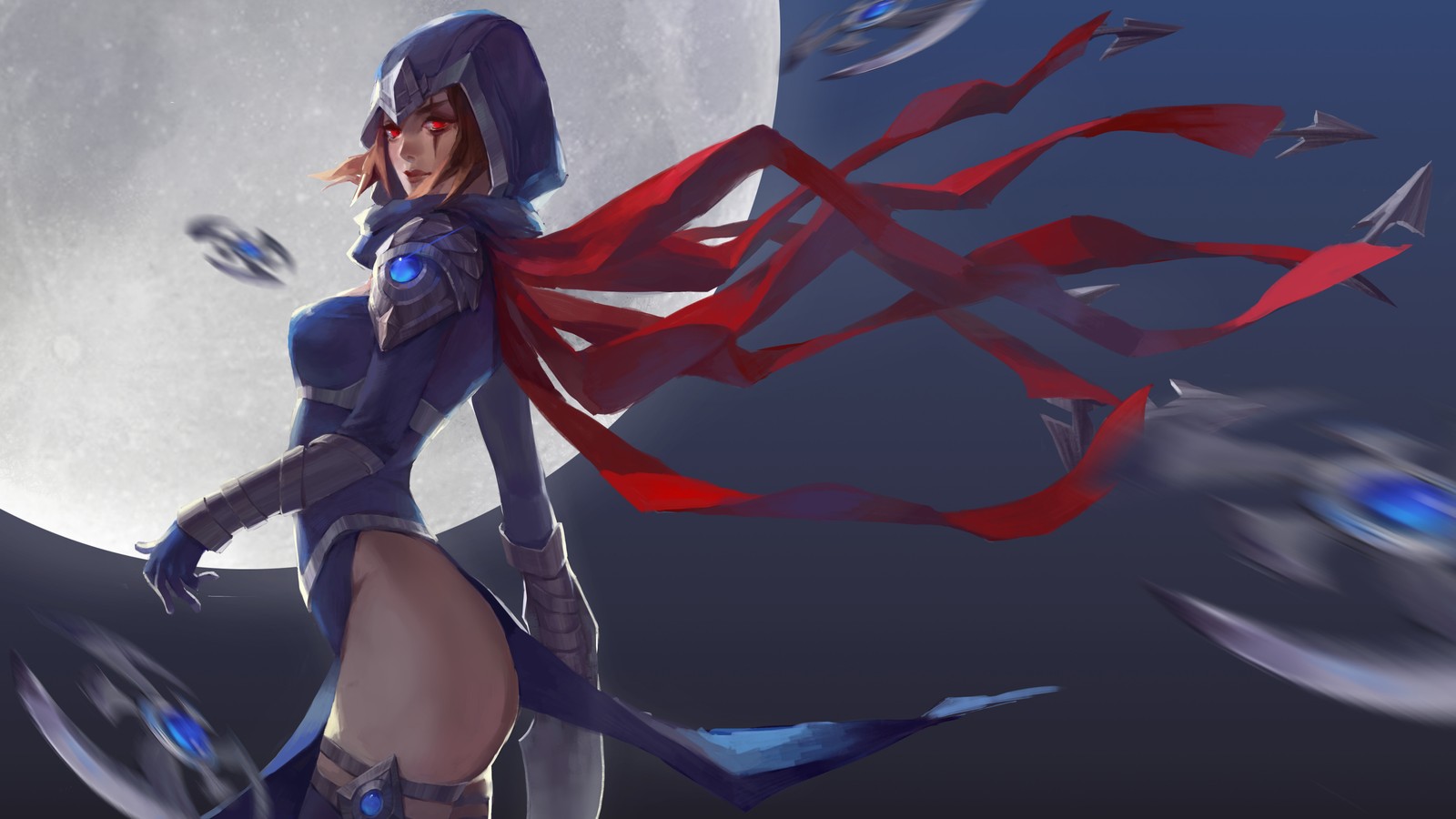 A woman in a blue dress and red cape standing in front of a full moon (talon, lol, league of legends, video game, girls)