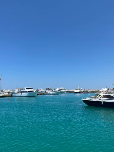 Marina tranquila com iates de luxo sob um céu azul