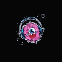 A cute, magenta monster with headphones, surrounded by playful elements, representing a fusion of music and creativity in vibrant digital art.