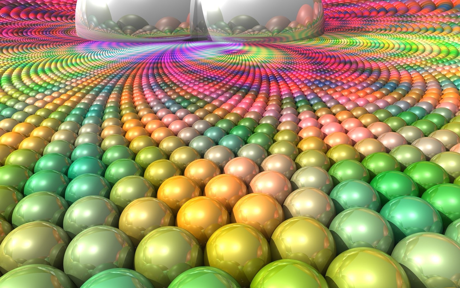 Nahaufnahme einer gruppe von kugeln mit einem regenbogenhintergrund (grün, bowling ball, spaß, licht, 3d computergraphik)